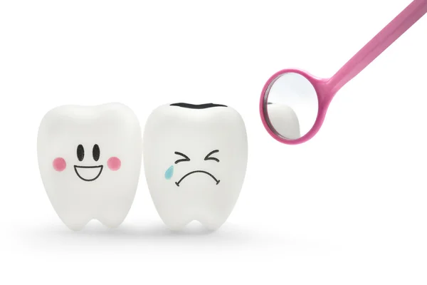 Ząb uśmiech i płakać emocji z lusterko dentystyczne — Zdjęcie stockowe