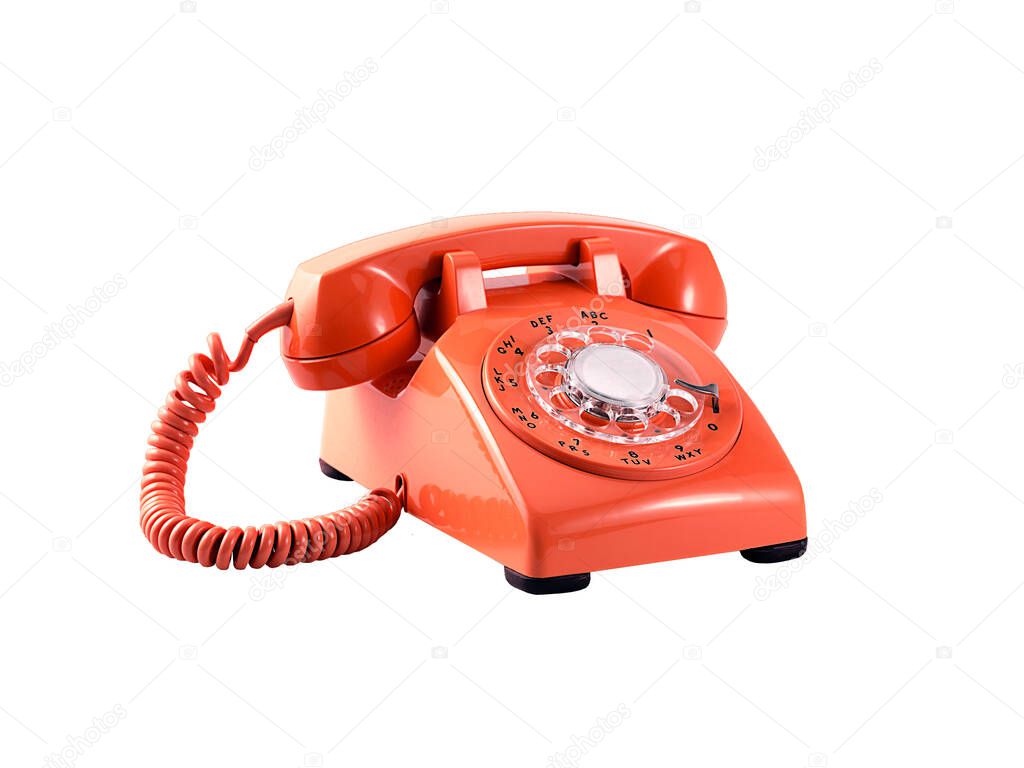 Isolated red, retro, vintage, old, rotary telephone, phone on white in studio