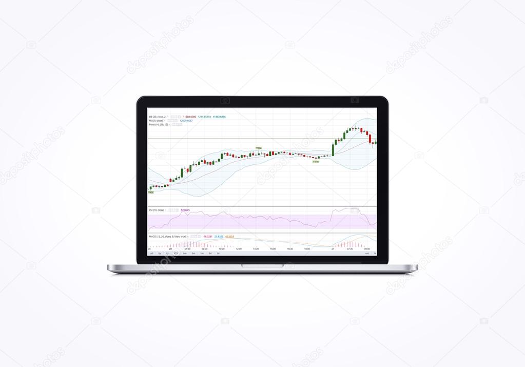 Modern laptop computer with stock market chart isolated on white in studio