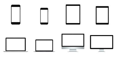 Modern computer and mobile devices set, smartphone, mobile phone, tablet, touchpad, laptop, notebook, personal computer and external monitor isolated on white clipart