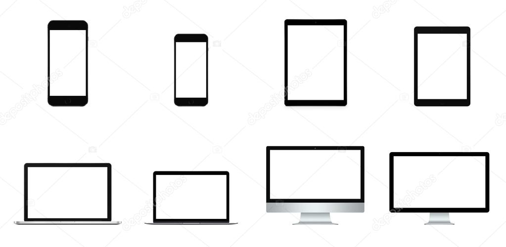 Modern computer and mobile devices set, smartphone, mobile phone, tablet, touchpad, laptop, notebook, personal computer and external monitor isolated on white