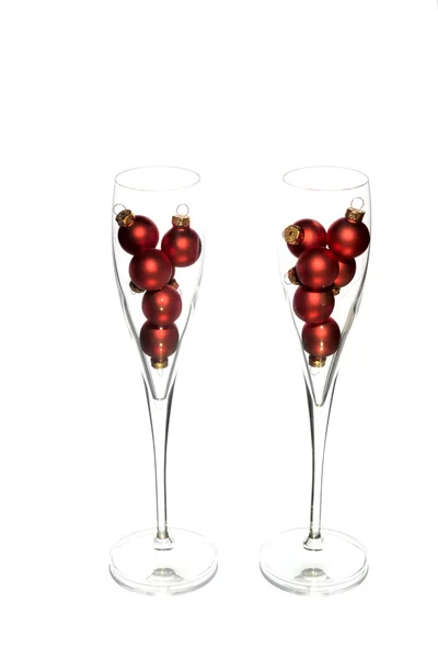 Two glasses with Christmas red balls — Stock Photo, Image
