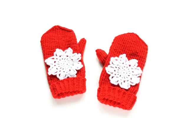 Red knitted mittens with snowflakes — Stock Photo, Image