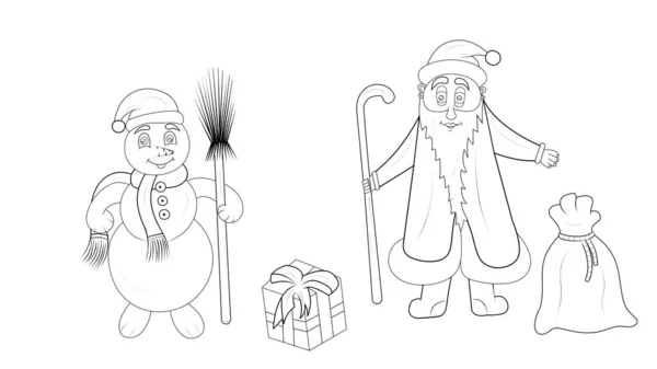 Snögubbe Med Kvast Och Jultomten Med Påse Presenter — Stockfoto