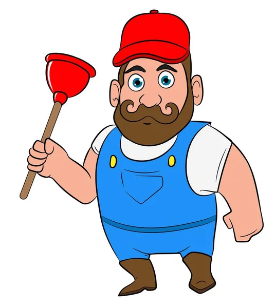 Plumber Holding Plunger Cartoon Character Working — 스톡 사진