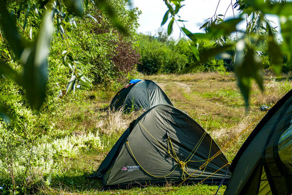 green tents set up on clearing, in the middle of the forest, green branches in the foreground, path in the grass, children's camp, hike, travel, tourism, leisure, slope, summer, scenic landscape, horizontal photo