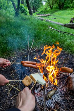 Yetişkinler, kızartma yapan çocuklar, sosis, ekmek, domuz yağı, çubuklara bağlanmış, ahşap şişler, el ele tutuşmalar, et, kızartma, barbekü, izciler, orman, piknik, açık hava, turizm, dikey fotoğraf