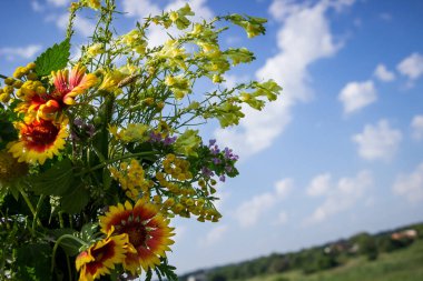 Yazın gökyüzünün arka planında bir buket kır çiçeği, çeşitli otlar, mavi, beyaz bulutlar, güzel gaillardia, güzel, sıcak, gün, yaz, dinlenme, tatil, hafta sonu,