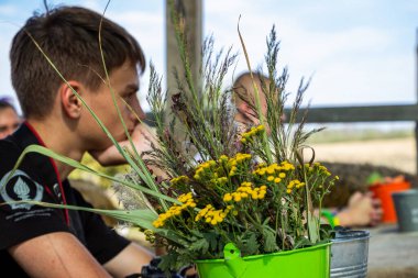 Masadaki koyu saçlı genç çocuk, bir buket kurumuş çiçek, sokak tahtası çardağı, sarı kızılötesi yüzükler, kır çiçekleri.,