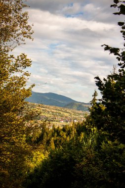Vadi geleneksel evleri, dağlık arazisi, kozalaklı ormanları, yamaçları, sonbahar bitkileri, yoğun, çeşitli yaprakları, kozalaklı ağaçları, manzarası, uzaktan manzarası, sakin bir atmosferi, dinlenme yeri, dalları, iğneleri olan küçük bir köydür.,