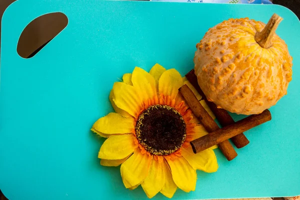 Engebeli desenli küçük balkabağı, yapay çiçek, ayçiçeği, dekoratif çeşitlilik, sarı yapraklar, koyu çekirdek, üç tarçın çubuğu, parlak mavi turkuaz yüzey