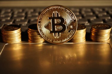 Bilgisayarın klavyesindeki yeni sanal para biraz bozuk para. Kripto para birimi kavramı.