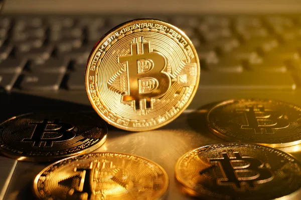 Bilgisayarın klavyesindeki yeni sanal para biraz bozuk para. Kripto para birimi kavramı.