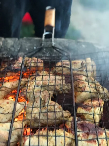 Pedaços Suculentos Kebab São Cozidos Fogo — Fotografia de Stock