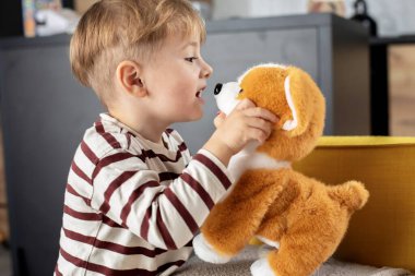 Neşeli küçük bir çocuk evde peluş bir oyuncak köpekle oynuyor. Çocuk gülümsüyor ve yaratıcı oyunlar oynuyor. Duygularını ve merakını ifade ediyor. Kapalı alan atmosferi. 