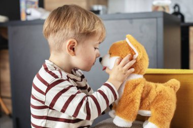 Neşeli küçük bir çocuk evde peluş bir oyuncak köpekle oynuyor. Çocuk gülümsüyor ve yaratıcı oyunlar oynuyor. Duygularını ve merakını ifade ediyor. Kapalı alan atmosferi. 