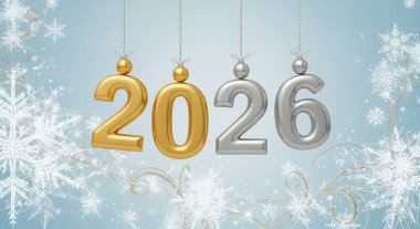 Işıklar ve ışıltılarla süslenmiş gri bir arka planda büyük altın 2026 numaralı bayram afişi. Mutlu yıllar ve Mutlu Noeller karşılama tasarımı. 