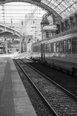 Trenin ön tarafı bir tren istasyonunun kemerli tepe örtüsünün altında. Vagonlara odaklan. Siyah ve beyaz dikey fotoğraf.