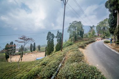 Darjeeling, Batı Bengal, Hindistan: 25 Ocak 2021 - Çocuklar Rongli Futbol Sahası 'nda futbol turnuvasına hazırlanıyor, güzel çay tarlaları ve Himalaya sıradağlarıyla çevrili.