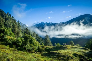 Tsokha 'da muhteşem bir sabah, yemyeşil çayır manzarası, bulutlar, karlı dağ ve açık mavi gökyüzü.