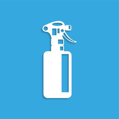 Yağmurlama sıvı. Sembolü. Vektör simgesi. Bir gölge ile mavi bir arka plan üzerinde beyaz resim.