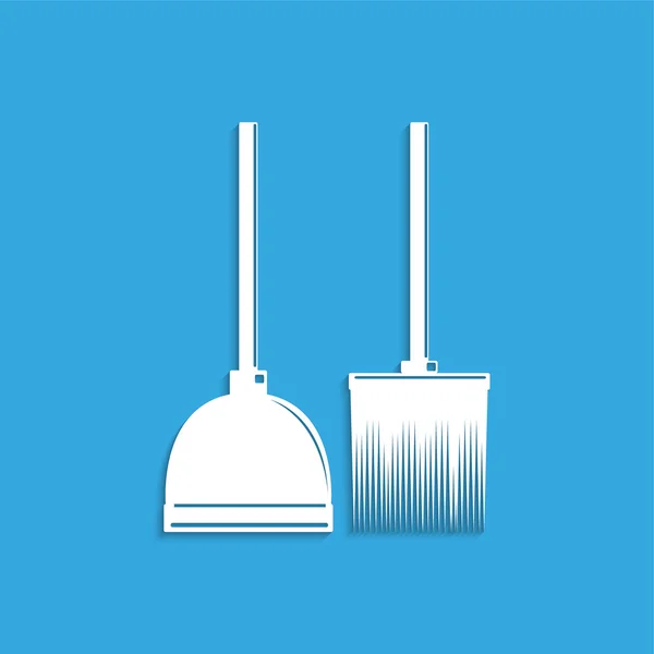 Broom and dustpan. Symbol. Vector icon. White image on a blue background with a shadow. — Stock Vector