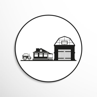 Özel ev, ahır ve bir traktör. Vektör simgesi.