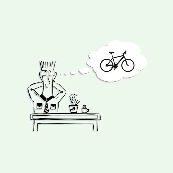 Sueños de un paseo en bicicleta durante la pausa para almorzar en el trabajo. Ilustración vectorial . — Archivo Imágenes Vectoriales