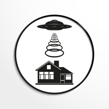 Özel bir evin üzerinde tanımlanamayan uçan cisim. Vektör illüstrasyon. Siyah beyaz görünüm.