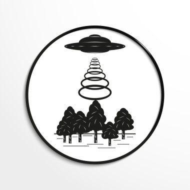 Ormanın üzerinde tanımlanamayan uçan cisim. Vektör illüstrasyon. Siyah beyaz görünüm.