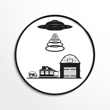 Kırsal kesimde tanımlanamayan uçan bir nesne. Vektör illüstrasyon. Siyah beyaz görünüm.