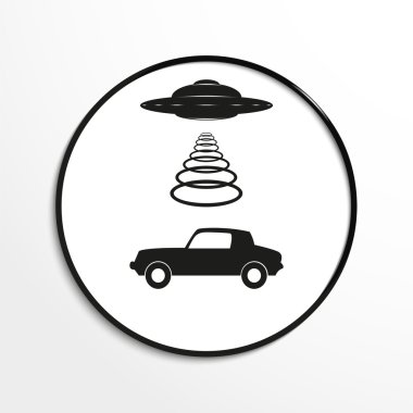 Arabanın üzerinde tanımlanamayan uçan cisim. Vektör illüstrasyon. Siyah beyaz görünüm.