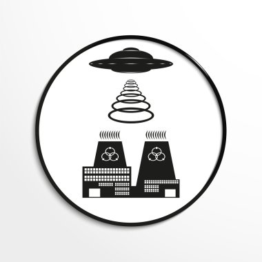 Nükleer santralin üzerinde tanımlanamayan uçan cisim. Vektör illüstrasyon. Siyah beyaz görünüm.