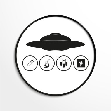 Uzaylı gemisindeki insanlar üzerinde tıbbi deneyler. Vektör illüstrasyon. Siyah beyaz görünüm.