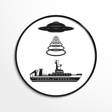 Geminin üzerinde tanımlanamayan uçan cisim. Vektör illüstrasyon. Siyah beyaz görünüm.