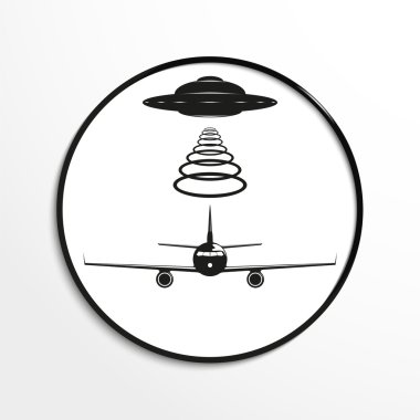 Uçağın üzerinde tanımlanamayan uçan cisim. Vektör illüstrasyon. Siyah beyaz görünüm.
