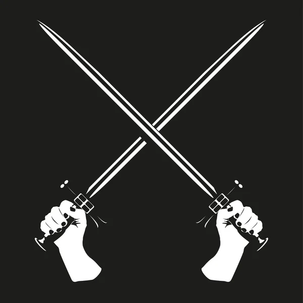 Två korsade svärd i sina händer. Vektor illustration. Svartvit vy. — Stock vektor