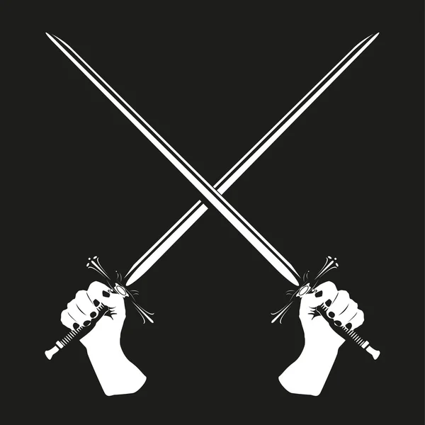 Two crossed swords in their hands. Vector illustration. Black and white view. — Stock Vector