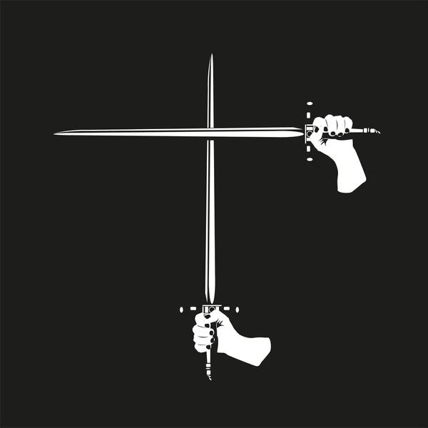 Dos espadas cruzadas en sus manos. Ilustración vectorial. Vista en blanco y negro . — Archivo Imágenes Vectoriales