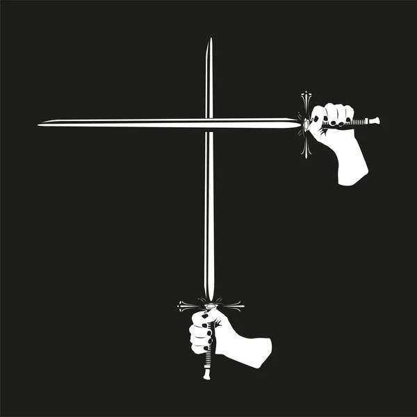 Δύο σταυρωτά σπαθιά στα χέρια τους. Απεικόνιση διανύσματος. Ασπρόμαυρη προβολή. — Διανυσματικό Αρχείο