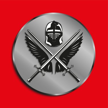 Kanatlı bir kuş, iki çapraz kılıç ve savaş kask görüntü madalya. Vektör çizim.