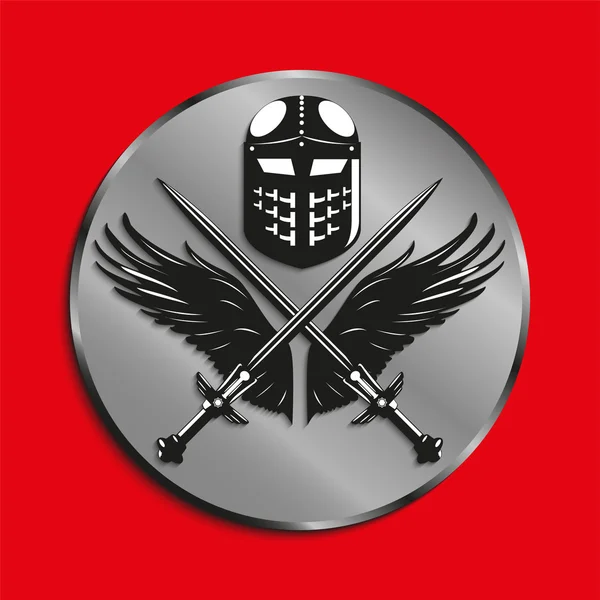 Imagen de medallas con alas de pájaro, las dos espadas cruzadas y casco de batalla. Ilustración vectorial . — Vector de stock