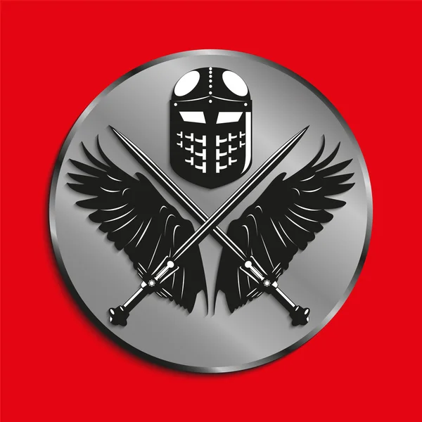 Образ медалей с крыльями птицы, два скрещенных меча и боевой шлем. Векторная иллюстрация . — стоковый вектор