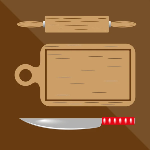 Rolo de pino, placa de corte e faca. Utensílios de cozinha e equipamento ícone . — Fotografia de Stock