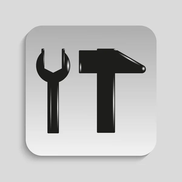 A hammer and a wrench. Sign of the repair shop. Vector icon. Black and white image on a gray background. — 스톡 벡터