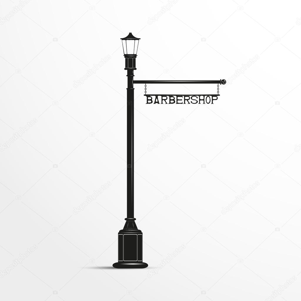 Street post with a sign. Black and white vector illustration.