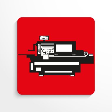 Endüstri/sanayii donatımı. Makine. Vektör simgesi. Gölge ile kırmızı bir arka plan siyah ve beyaz resim.