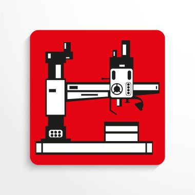 Endüstri/sanayii donatımı. Makine. Vektör simgesi. Gölge ile kırmızı bir arka plan siyah ve beyaz resim.