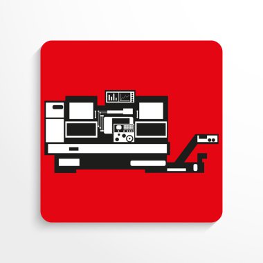 Endüstri/sanayii donatımı. Makine. Vektör simgesi. Gölge ile kırmızı bir arka plan siyah ve beyaz resim.