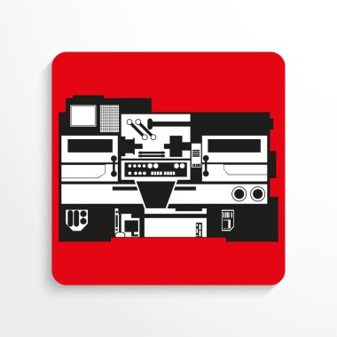 Endüstri/sanayii donatımı. Makine. Vektör simgesi. Gölge ile kırmızı bir arka plan siyah ve beyaz resim.